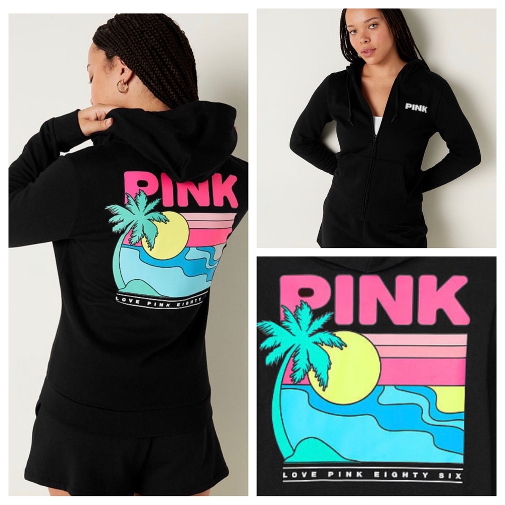 Vs Victorias Secret Pink Perfect Full Zip Hoodie Sweater Jacket Top Tropical M - Picture 1 of 7